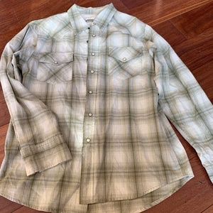 Mens Western Style Snap Up Long Sleeve Cotton Shirt Medium Plaid Tan/Gray